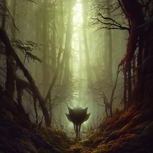 Image similar to highly detailed creepy forest humanoide creature in robes, stephen bliss, unreal engine, fantasy art by greg rutkowski, loish, rhads, ferdinand knab, makoto shinkai and lois van baarle, ilya kuvshinov, rossdraws, tom bagshaw, global illumination, radiant light, detailed and intricate environment