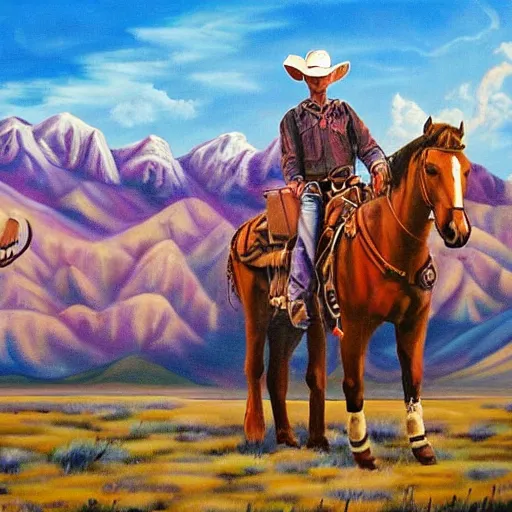 Prompt: surreal painting from a cowboy in front of the rocky mountains