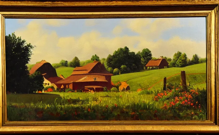 Image similar to oil painting of a beautiful farm in the style of gustave baumann