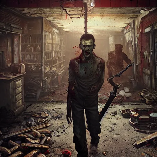 Image similar to fallout 5, shopkeeper angry bloody horror zombie, portrait, indoors dilapidated store interior, atmospheric lighting, painted, intricate, volumetric lighting, beautiful, daytime, overcast weather, sharp focus, deep colours, ultra detailed, by leesha hannigan, ross tran, thierry doizon, kai carpenter, ignacio fernandez rios