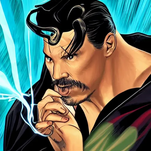 Image similar to dr strange holding a black towelette to his eye