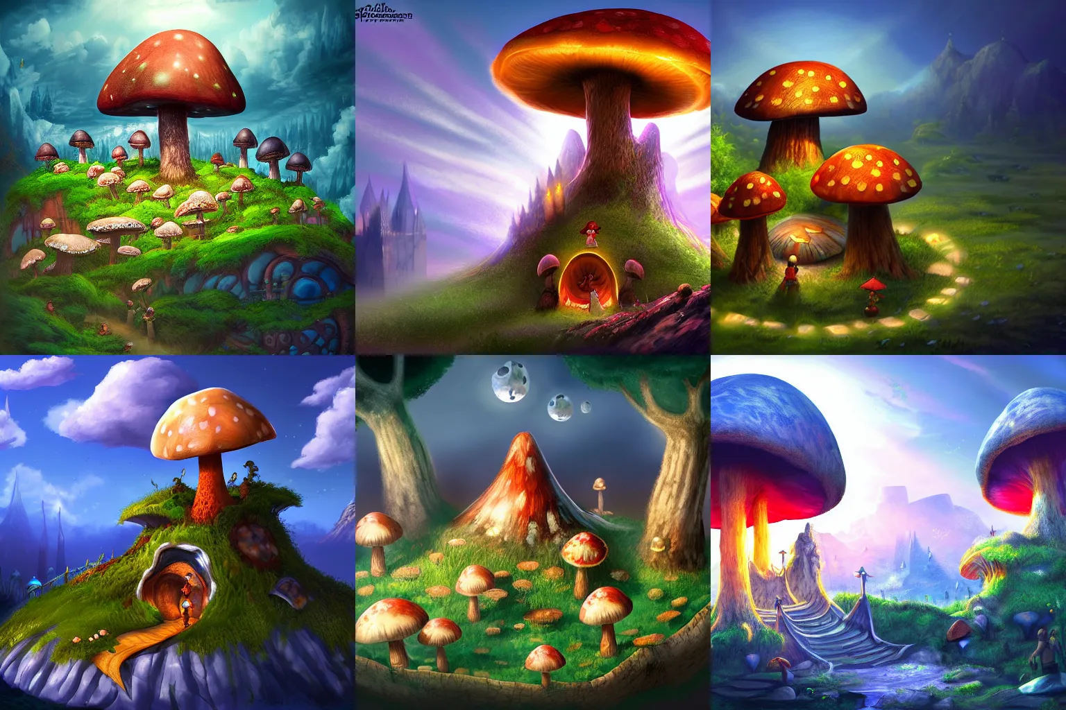 Prompt: a fantasy kingdom on top of a giant mushroom, digital art, trending on art station, dynamic lighting, realism