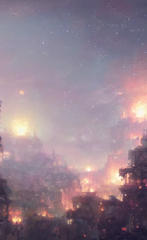 Image similar to sky of fireworks and stars by makoto shinkai, nier atutomata environment concept art, greg rutkowski and krenzcushart