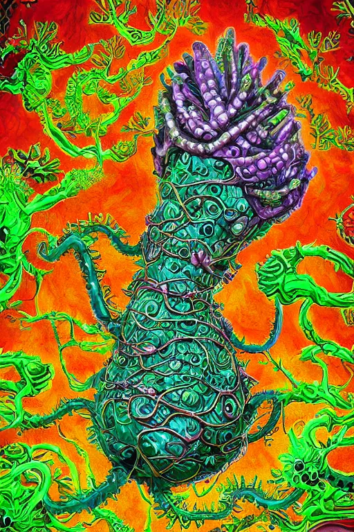 Image similar to creature sushi roots cactus elemental flush of force nature micro world fluo light deepdream a wild amazing steampunk baroque ancient alien creature, intricate detail, colorful digital painting radiating a glowing aura global illumination ray tracing