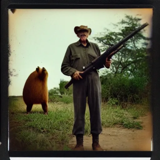 Image similar to old! polaroid photo of an old man! holding a rifle and standing on top of a giant capybara! sleeping