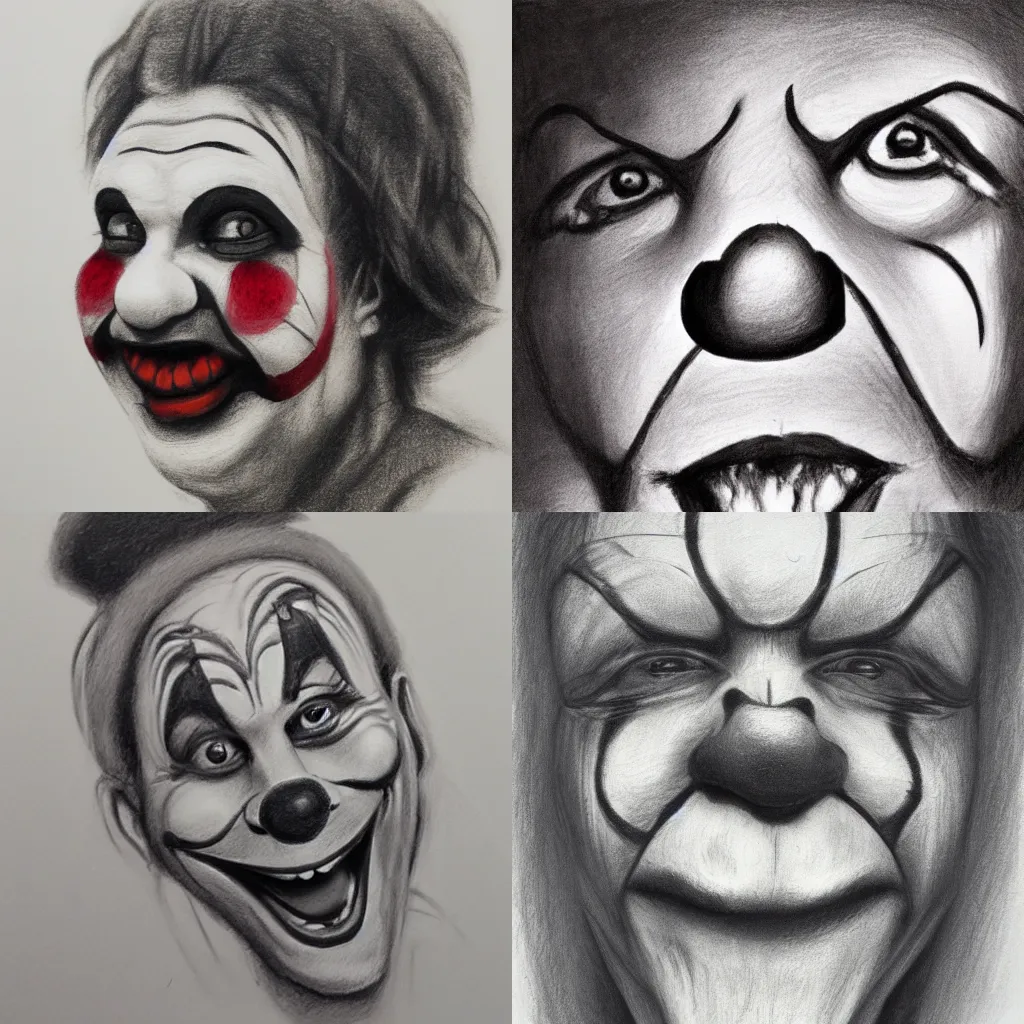 Prompt: happy clown, close up, charcoal drawing