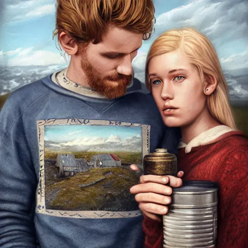 Prompt: a highly detailed portrait from behind of a young couple, holding a tin can, remote icelandic village, summer, jeans and t shirt, blonde hair, muted colors, hyper realistic, extremely realistic, realistic, by tom bagshaw, trending on artstation,