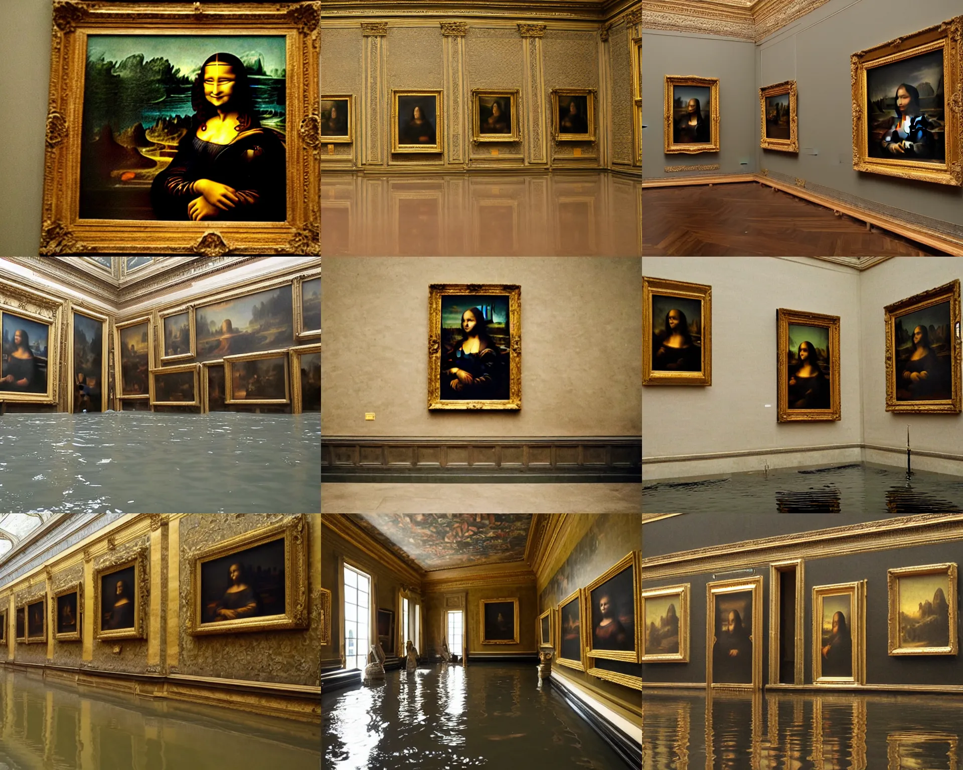 Prompt: room in the louvre with the mona lisa on the wall, completely flooded