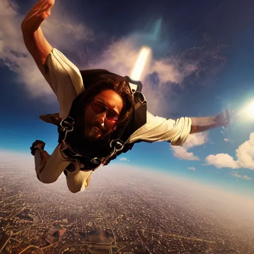 Prompt: portrait of jesus skydiving, realistic artstyle, wide shot, dramatic lighting, octane render, hyperrealistic, high quality, highly detailed, HD, beautiful, cinematic, 8k, unreal engine, facial accuracy, anatomical accuracy, symmetrical