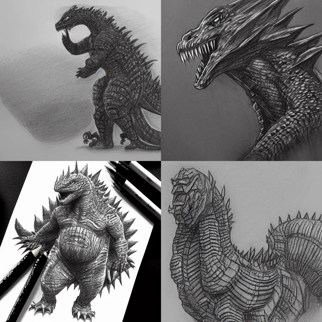 Prompt: alternative Godzilla concept design, pencil sketch, highly detailed