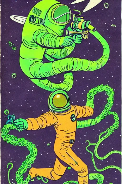 Image similar to pulp cover astronaut wielding a gun, green lunar surface, tentacle monster