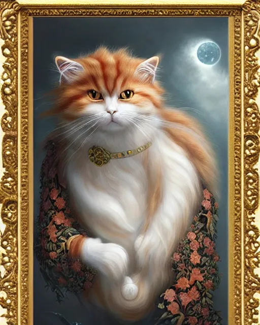 Prompt: intricate japanese carved porcelain with gilding long hair fluffy ginger cat portrait, celestial overgrowth, photorealistic, elegant, artgerm, peter mohrbacher