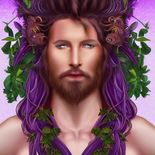 Prompt: male druid with vines as hair flower in his hair detailed fantasy digital art