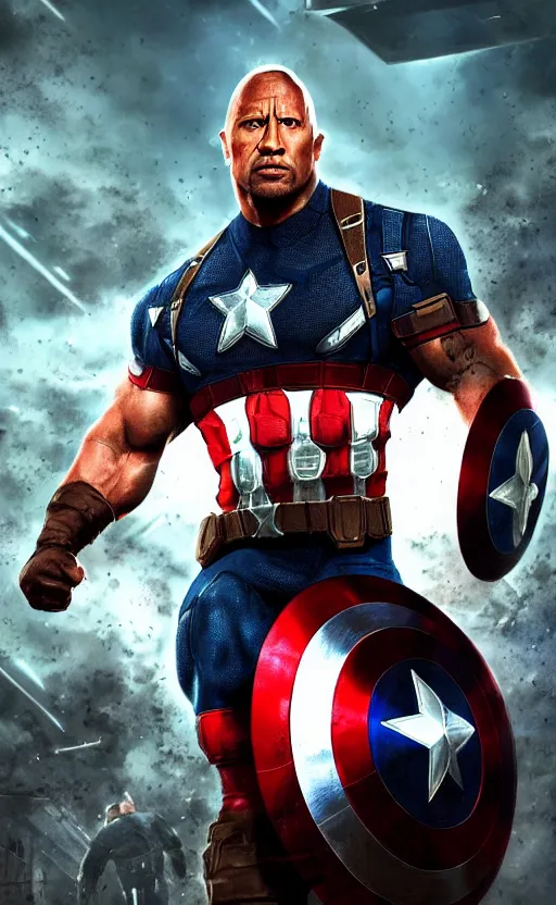 Image similar to dwayne johnson as captain america, dynamic lighting, cinematic, ultra detailed, trending on art station, stunning visuals, creative, fantasy concept art