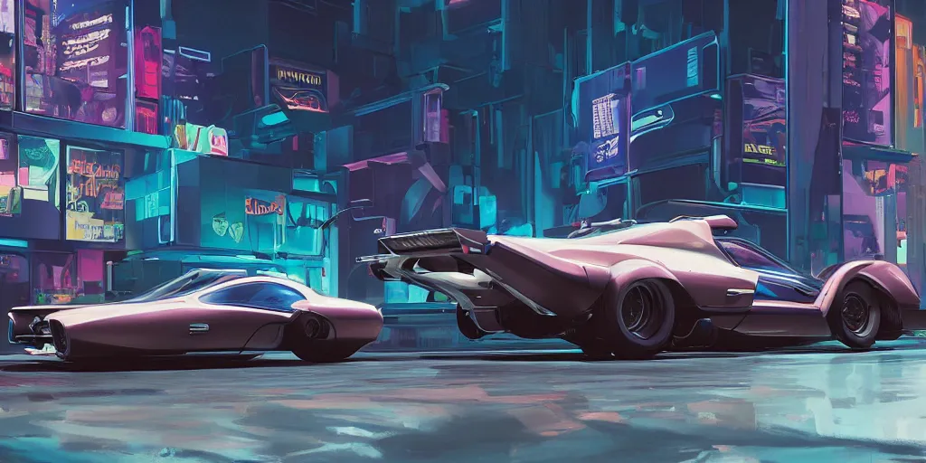 Prompt: art style by Ben Aronson and Edward Hopper and Syd Mead, wide shot view of the Cyberpunk 2077, on ground level. full view of the Tata Tamo Racemo with wide body kit modification and dark pearlescent holographic paint, has gullwing doors open.