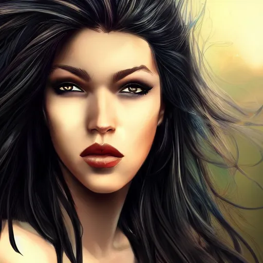 Image similar to a stunning upper body portrait of a beautiful woman with raven hair blowing in the wind by marvel comics, digital art, trending on artstation