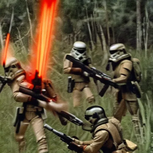 Image similar to star wars clone troopers combat soldiers in vietnam, photo, old picture, lush landscape, jungle, firearms, explosions, helicopters, aerial combat, active battle zone, flamethrower, air support, jedi, land mines, gunfire, violent, star destroyers, star wars lasers, sci - fi, jetpacks, agent orange, bomber planes, smoke, trench warfare