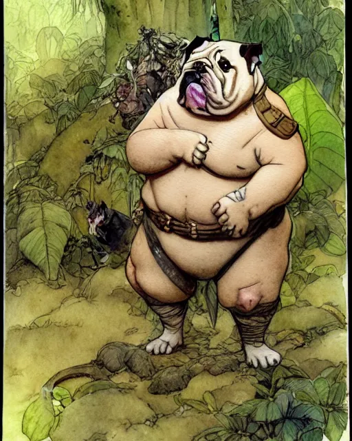 Image similar to a realistic and atmospheric watercolour fantasy character concept art portrait of a fat adorable chibi bulldog soldier in the jungle, by rebecca guay, michael kaluta, charles vess and jean moebius giraud