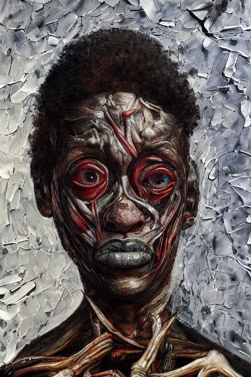 Image similar to highly detailed and textured palette knife painting, deformed anatomical portrait, emotional, dark sky, horror, in the style of Ernie Barnes and Jenny Saville, cgsociety, in a landscape of bones