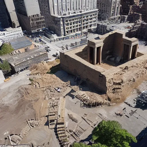 Prompt: An archeological excavation in the Forum of New York reveal the Statue of Liberty and some parts of a skyscraper