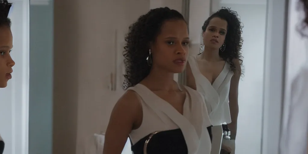 Image similar to ultra wide angle photo of gugu mbatha - raw dressed in a white blouse and black dress pants as diana prince looking at herself in a bathroom mirror and seeing her reflection as wonder woman