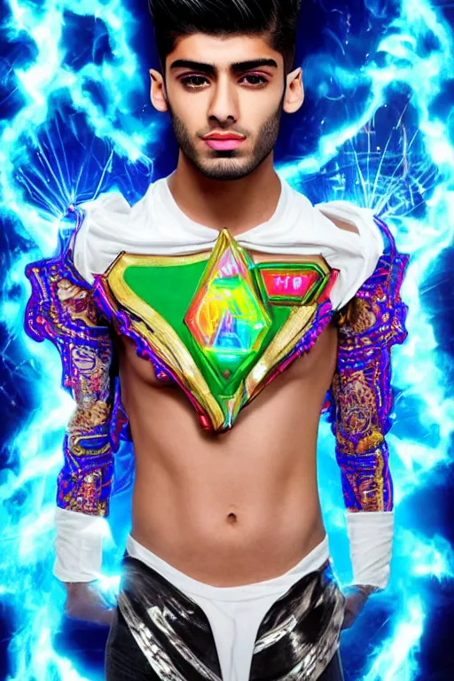 Image similar to full-body sculpture of a young handsome Zayn Malik as a mexican luchador cibernetic android with a glowing blue battery in his chest, white laser beam coming out of his eyes, crown of giant diamonds, flowing neon-colored silk, fabric, raptors, in a cyperbunk and baroque style. baroque elements. full-length view. baroque element. intricate artwork by caravaggio. many many birds birds on background. Trending on artstation, octane render, cinematic lighting from the right, hyper realism, octane render, 8k, depth of field, 3D