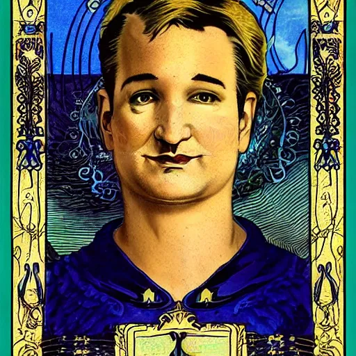 Image similar to ted cruz portrait by louis - theophile hingre, zodiac, tarot cards, planets, ethereal, art nouveau