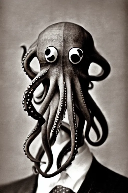 Image similar to anthropomorphic octopus , wearing a suit, tentacles spilling out of the collar, vintage photograph, sepia