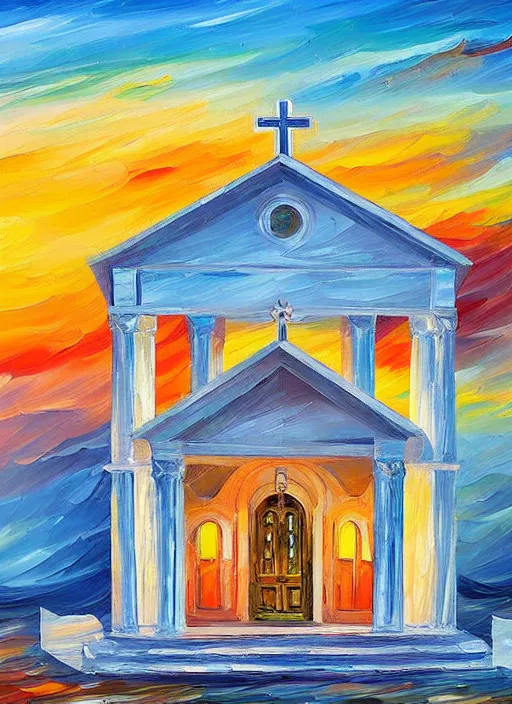 Prompt: beautiful seaside greek chapel at sunset in the style of leonid afremov