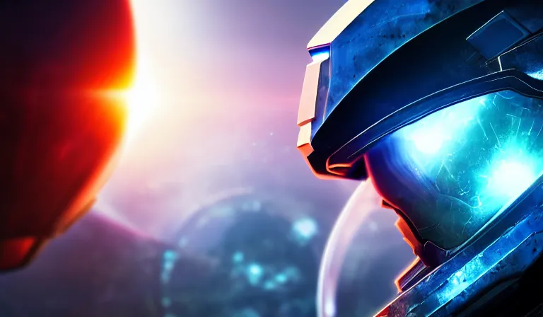 Image similar to cyberpunk halo helmet on space, planet behind, close shot, reflection, epic, dramatic, cinematic, award winning, ultra detailed, realistic, 8k,