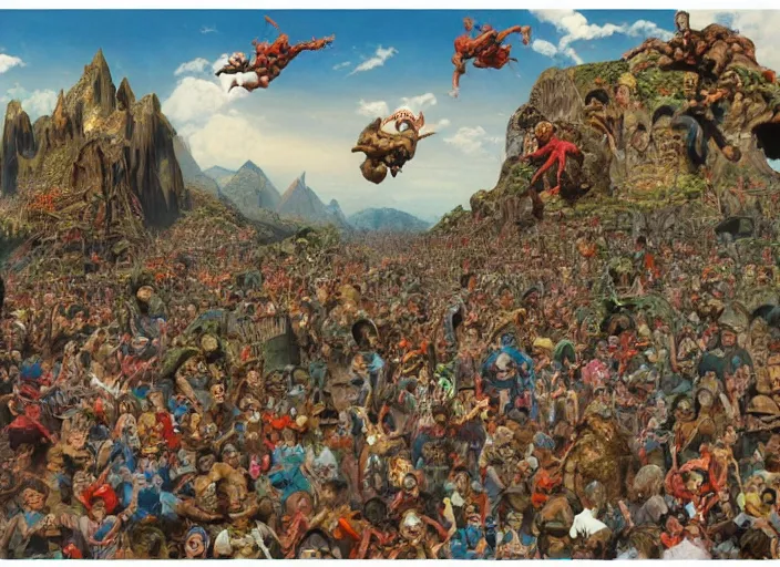 Image similar to where's waldo, lowbrow, matte painting, 3 - d highly detailed, in the style of frank frazetta,