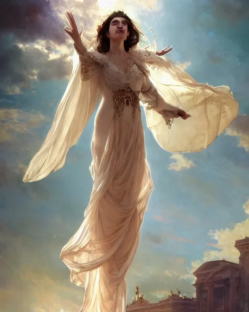 Image similar to a beautiful close up portrait of a sorceress floating on air with elegant looks, flowing robe, ornate and flowing, intricate and soft by ruan jia, tom bagshaw, alphonse mucha, krenz cushart, beautiful roman architectural ruins in the background, epic sky, vray render, artstation, deviantart, pinterest, 5 0 0 px models