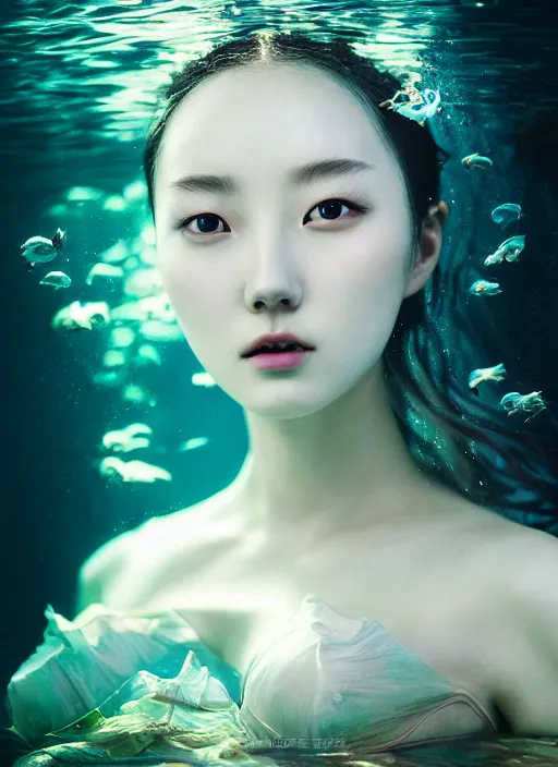 Prompt: an underwater photographic beauty portrait of jingna zhang, cinematic, volumetric lighting, fantasy, intricate, elegant, highly detailed, digital painting, artstation, concept art, smooth, sharp focus, illustration, art by ayami kojima, artgerm and h r giger and alphonse mucha