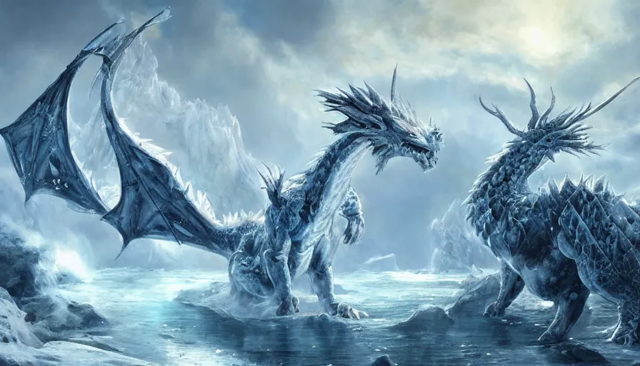 Image similar to epic ice dragon in a nordic landscape under bright daylight with fluffy clouds, set in the words of the Forgotten Realms and Guildwars2, painted by Hans Fredrik Gude, Greg Rutkowksi and Artgerm, concept art 2022, ultra realistic masterpiece, contrasting details vs blank areas, oil on canvas