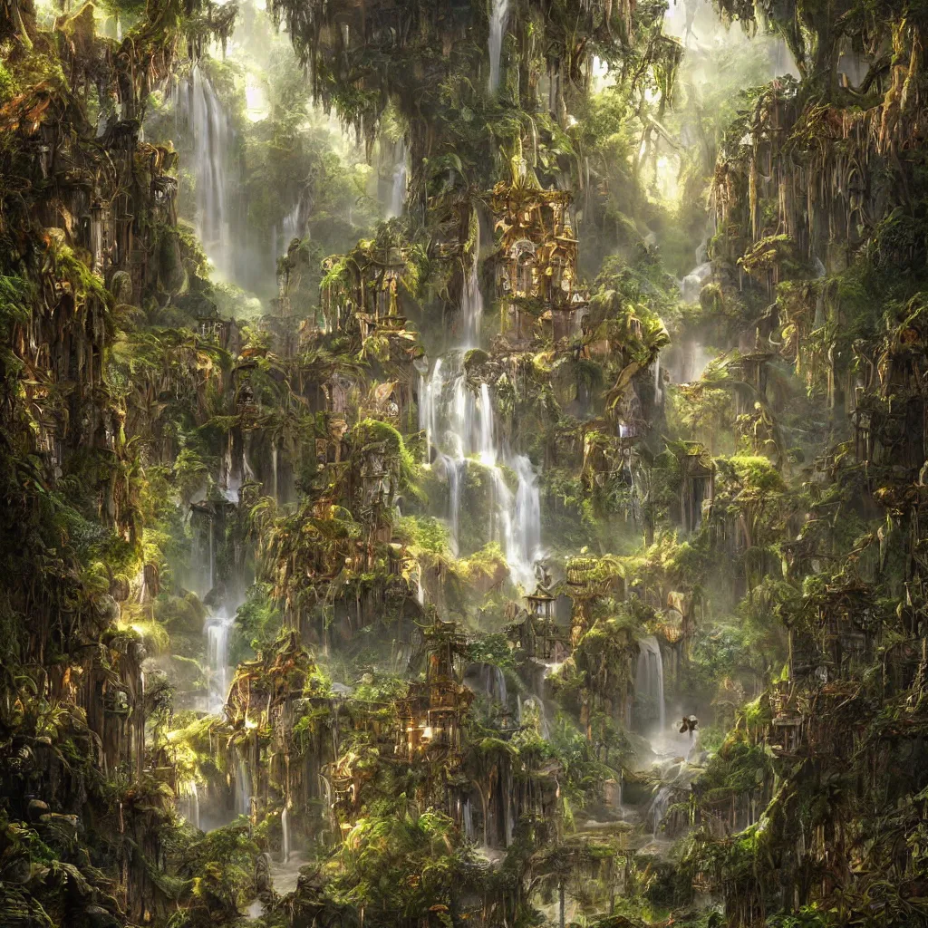 Image similar to fox in a fairy palace, castle towers, sunbeams, gothic towers, Japanese shrine waterfall, gold and gems, gnarly details, lush vegetation, forest landscape, painted by tom bagshaw, raphael lacoste, eddie mendoza, alex ross concept art matte painting