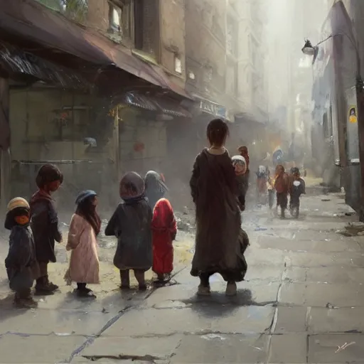 Image similar to oil painting of orphaned children asking for food in the streets of the city, by greg rutkowski, artstation