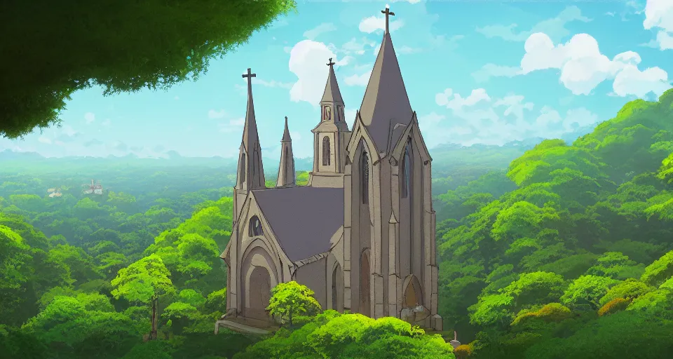 Image similar to view of a catholic church on a forested mountain, in the style of studio ghibli, distant, detailed, artstation, award winning painting,