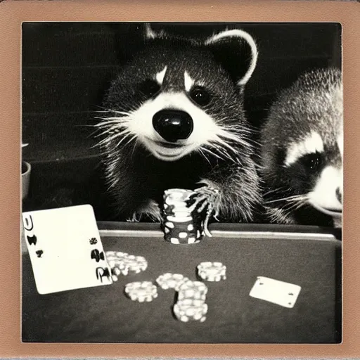 Prompt: ! polaroid photo of gangster raccoons in smokings, smooking cigar, playing poker, dollars on table