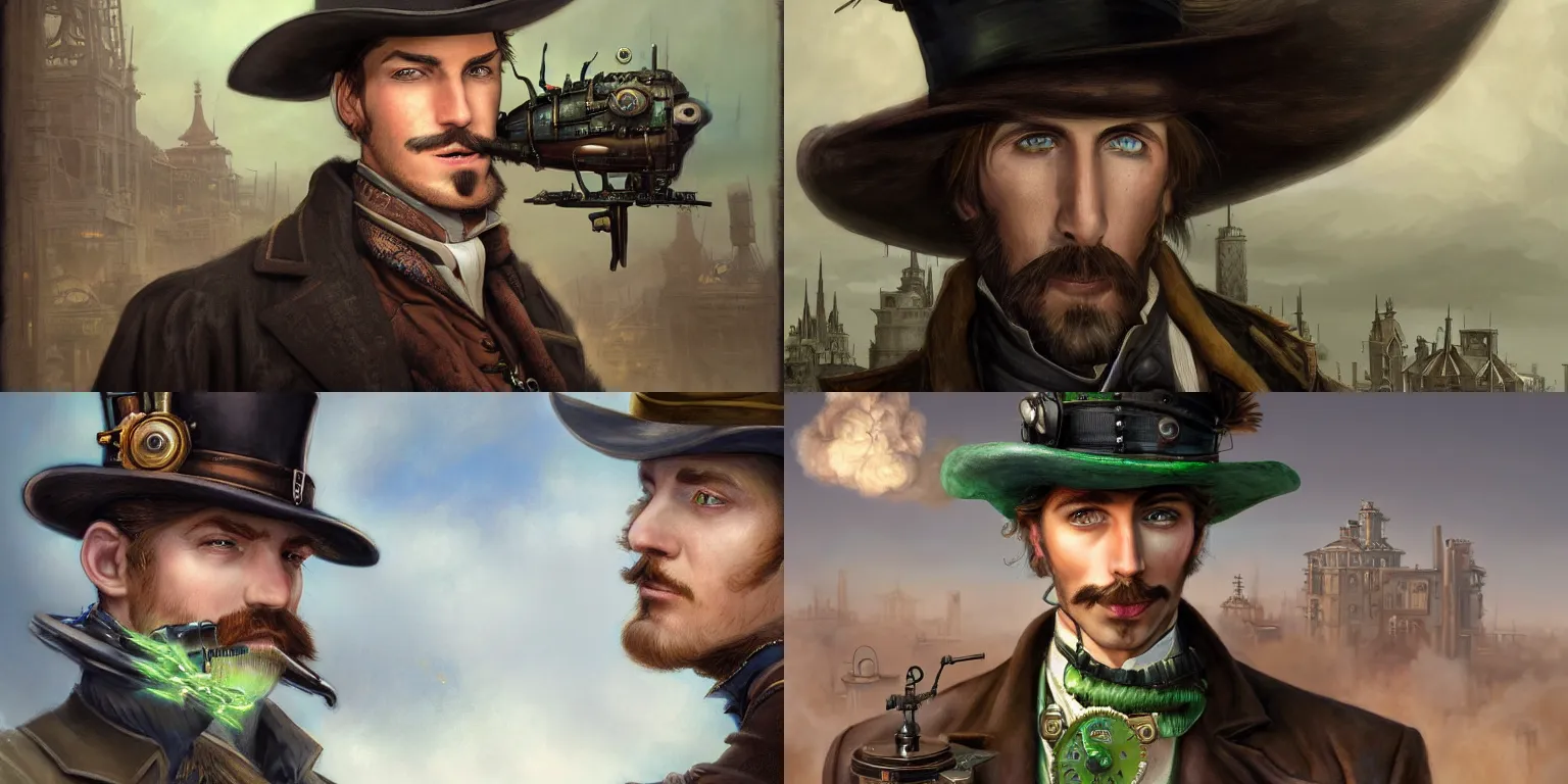 Prompt: headshot portrait of a steampunk gentleman gunslinger in hat posing on roof, green eyes, bristle, matte painting of steam machines airships on background, by Antonio Caparo and tyler edlin and lindsey look, victorian, concept art, steam romance, steam-punk illustration, detailed, 4k resolution, trending on artstation