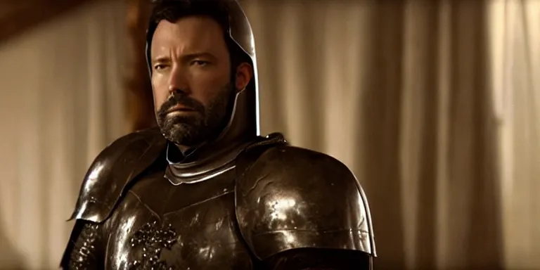 Prompt: still frame from a movie, close up of ben affleck in a 15th century knight suit, centerframe, medieval background, rule of third, alexa 65, cooke prime 25mm, cinematic, film grain, flare