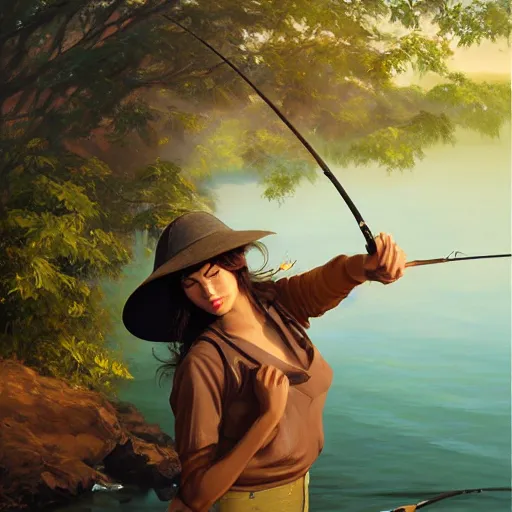 Image similar to oil painting by ilya kuvshinov,, baugh casey, artgerm craig mullins, coby whitmore, of a youthful indian girl, long hair, fishing and wearing fisherman's outfit, fisherman's hat, highly detailed, breathtaking face, studio photography, noon, intense bounced light, water reflection, large tree casting shadow, serine intense sunlight