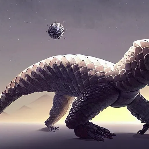 Prompt: a robotic pangolin that stands six feet tall with pearl white scales standing on its hind legs in front of a spaceship on an alien planet, sci Fi concept art
