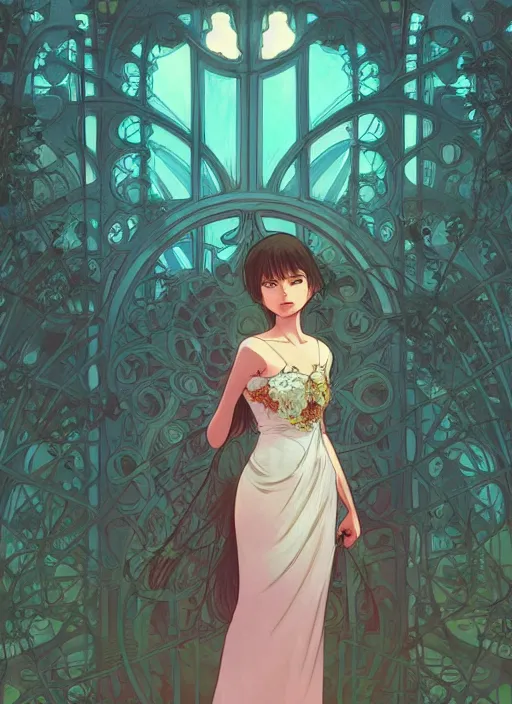 Prompt: anna cortez as a beautiful girl wearing a lace dress, gorgeous half body shot, gorgeous face, detailed eyes, digital art, by makoto shinkai, by dan mumford, by alphonse mucha, trending on artstation