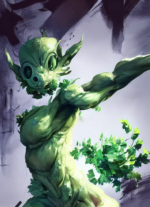 Prompt: semi reallistic gouache gesture painting, by yoshitaka amano, by ruan jia, by Conrad roset, by dofus online artists, detailed anime 3d render cilantro alien monster, cilantro terrible alien monster, antrophomorfic cilantro leaves , portrait, cgsociety, artstation, rococo mechanical, Digital reality, sf5 ink style, dieselpunk atmosphere, gesture drawn