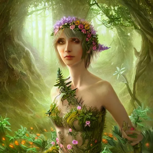 Prompt: a picture of a forest elf cloths in flowers and leaves, high fantasy, elegant, epic, detailed, intricate, digital painting, concept art, realistic, smooth, focus, rim light,