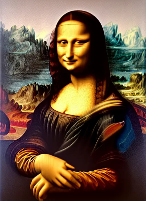 Image similar to oil painting of Mona Lisa holding up an iPhone to take a selfie by Leonardo Da Vinci