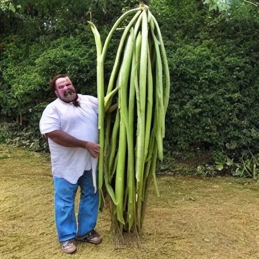 Prompt: a photo of a portly man with long hair holding a 1 0 m long yam