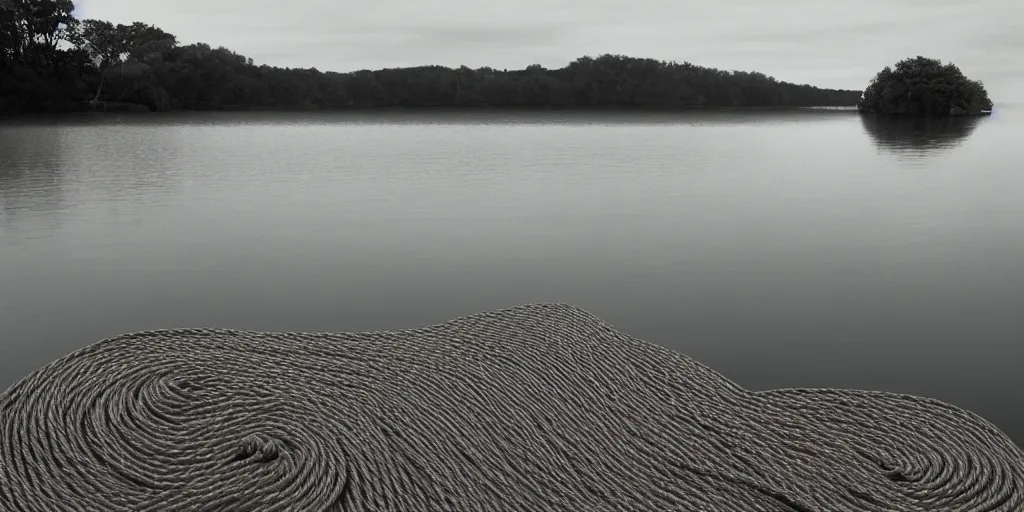 Prompt: centered photograph of a infinitely long single line of thick rope zig zagging snaking across the surface of the water into the distance, floating submerged rope stretching out towards the center of the lake, a dark lake sandy rock shore in foreground on a cloudy day, color film, trees in the background, hyper - detailed photo, anamorphic lens