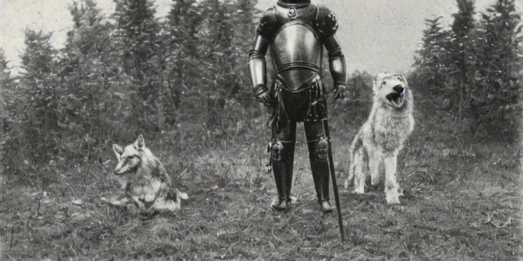 Prompt: anthropomorphic furry wolf in armor standing in front of a farm, 1900s picture