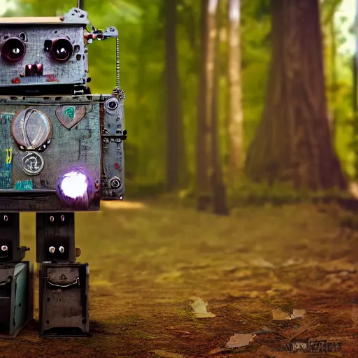 Prompt: a steampunk robot made of a cardboard box, crayon face, walking through the forest, dof, cinematic lighting, hyperrealistic, extremely detailed, 8k, artstation,